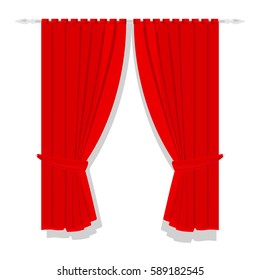 Vector illustration window treatments red curtains for house or home interior. Luxury scarlet red silk velvet curtains 