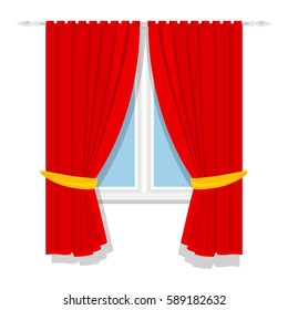 Vector illustration window treatments red curtains for house or home interior.
