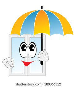 Vector illustration of a window under an color umbrella. Cartoon character. 
for the business of selling Windows. 