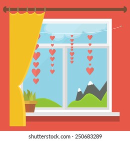 vector illustration of a window with a view of the mountains, blind, hearts on a string