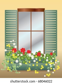 vector illustration of a window with wooden shutters and a window box full of summer flowers in eps 10 format