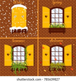 Vector illustration with window and yellow shutters in four seasons - winter, spring, summer, autumn.