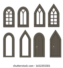 Vector illustration of Windows and doors in medieval style old Windows of a castle or Palace isolated on a white background