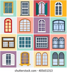 Vector illustration of windows set. Flat style. Collection of house construction. Urban street design