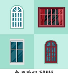 Vector illustration of windows set. Flat style. Collection of house construction. Urban street design