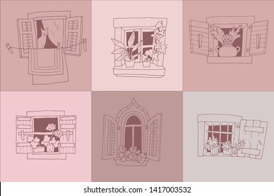 Vector illustration of windows set. Hand drawn windows. Collection of house construction. Urban street design - Vector