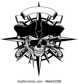 Vector illustration windrose and pirate sign skull with crossed pistols