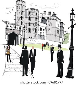 Vector Illustration Of Windsor Castle, With Pedestrians, England.