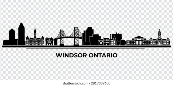 Vector illustration of Windsor, Ontario city skyline, featuring iconic landmarks and buildings in a clean, minimalist silhouette style.