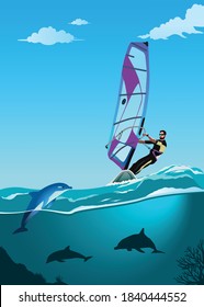 Vector illustration. Windsurfer ride the waves with  the dolphin jumps out of the water
