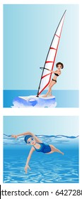 Vector illustration of a windsurfer and a swimmer