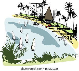 Vector illustration of windsurfers at tropical Anse Vata beach, Noumea, New Caledonia