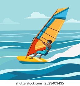 Vector illustration windsurfing.  African woman surfing in the sea. Active summer lifestyle. Vacation activities