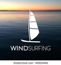 Vector illustration of windsurfing board on the blurred sea background. Wind surfing icon flat.