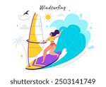 Vector Illustration of Windsurfing with a Person Standing on a Sailing Boat, Holding the Sail, in an Extreme Water Sport in Flat Cartoon Background