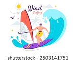 Vector Illustration of Windsurfing with a Person Standing on a Sailing Boat, Holding the Sail, in an Extreme Water Sport in Flat Cartoon Background