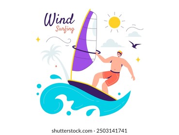 Vector Illustration of Windsurfing with a Person Standing on a Sailing Boat, Holding the Sail, in an Extreme Water Sport in Flat Cartoon Background