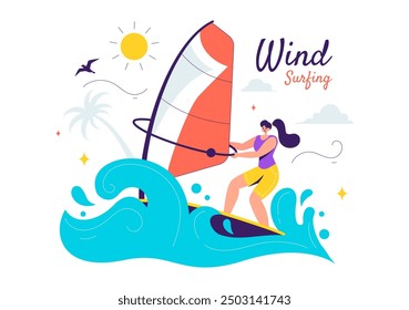 Ilustración vectorial del windsurf con una persona de pie en un barco de vela, sosteniendo la vela, en un deporte acuático extremo en fondo plano de dibujos animados