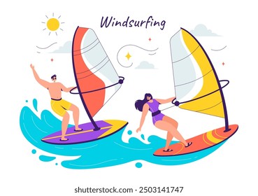 Vector Illustration of Windsurfing with a Person Standing on a Sailing Boat, Holding the Sail, in an Extreme Water Sport in Flat Cartoon Background