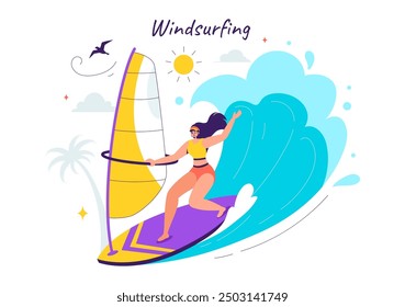 Ilustración vectorial del windsurf con una persona de pie en un barco de vela, sosteniendo la vela, en un deporte acuático extremo en fondo plano de dibujos animados