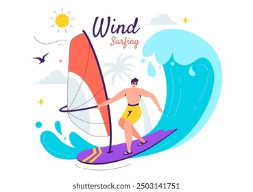 Ilustración vectorial del windsurf con una persona de pie en un barco de vela, sosteniendo la vela, en un deporte acuático extremo en fondo plano de dibujos animados