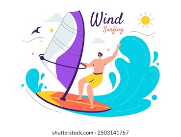 Ilustración vectorial del windsurf con una persona de pie en un barco de vela, sosteniendo la vela, en un deporte acuático extremo en fondo plano de dibujos animados