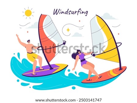 Vector Illustration of Windsurfing with a Person Standing on a Sailing Boat, Holding the Sail, in an Extreme Water Sport in Flat Cartoon Background