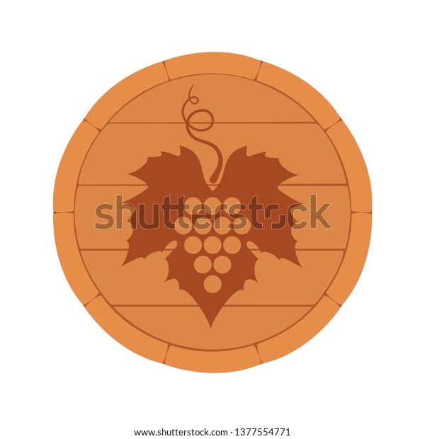 Vector illustration Wine Barrel (top view) with grape\
branch and grape leaf isolated on white background. Decorative\
design element for wine menu (text divider and page decoration),\
wine label. EPS 10