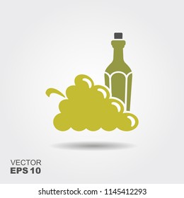 A vector illustration of a wine bottle and bunch of grapes. Flat icon