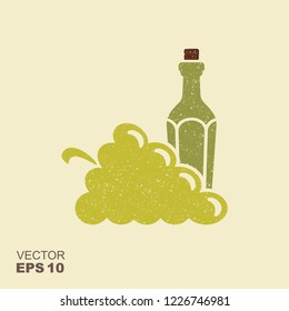 A vector illustration of a wine bottle and bunch of grapes. Flat icon with scuffed effect