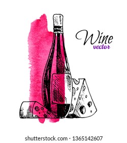 Vector illustration of wine bottle and cheese. Hand drawn sketched food and drink set of gourmet with watercolor background. Menu design concept for cafe, bar, restaurant etc.