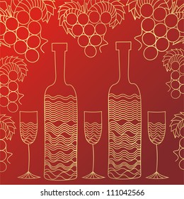 Vector illustration of wine bottle and glass red gold
