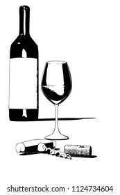 A vector illustration of a wine bottle,  glass,  and corkscrew. Perfect  for all your winery,  vineyard, and wine tasting needs. 24x36(2 to 3 aspect ratio) ,  single color.