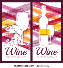 Vector illustration of wine bottle, glass, branch of grape and watercolor multicolor stripes background. Concept for wine list, label, banner, menu, flyer, brochure design template.