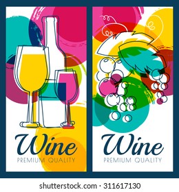 Vector illustration of wine bottle, glass, branch of grape and colorful watercolor blots background. Concept for wine list, label, banner, menu, flyer, brochure design template.