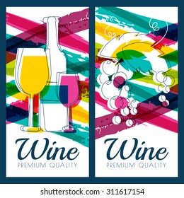 Vector illustration of wine bottle, glass, branch of grape and colorful watercolor stripes background. Concept for wine list, label, banner, menu, flyer, brochure design template.
