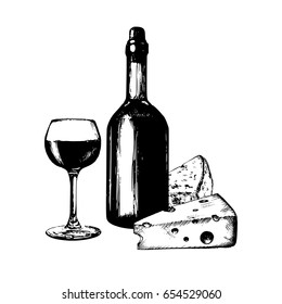 Vector illustration of wine bottle, glass and cheese. Hand sketched food and drink set of gourmet. Menu design concept for cafe, bar, restaurant etc.