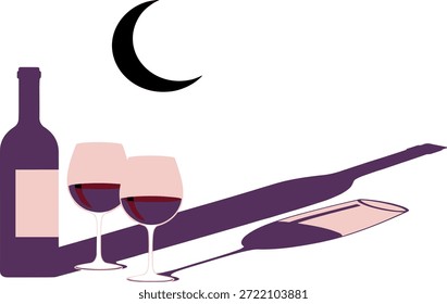 Ilustração vetorial de garrafa de vinho e copos ao luar, esboço minimalistaIlustração vetorial de garrafa de vinho e copos ao luar, esboço minimalista