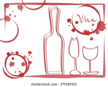 Vector illustration of the wine bottle and the wine glasses with wine stains and spots background. Concept for bar menu, party, alcohol drinks, cocktail or wine list.

