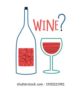 Vector illustration with wine bottle and green wineglass. Wine lettering word. Funny colored typography poster