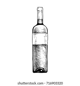 Vector illustration of wine bottle in ink hand drawn style. isolated on white.