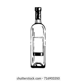 Vector illustration of wine bottle in ink hand drawn style. isolated on white.