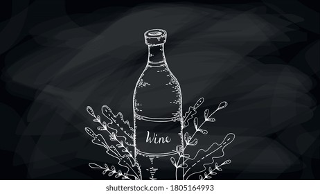 Vector Illustration of Wine bottle with ornament with herbs. Chalkboard style.
