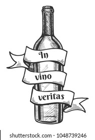 Vector illustration of a wine bottle with a ribbon around it with the inscription of Latin saying In vino veritas which means In wine is the truth. Vintage hand drawn engraving style.