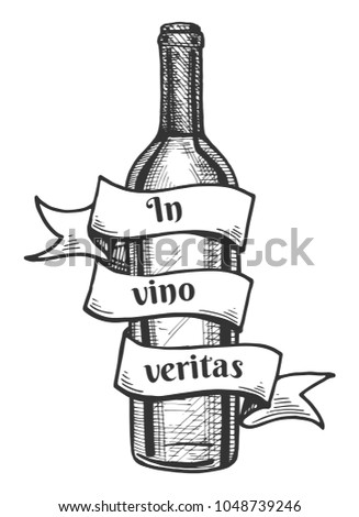 Vector illustration of a wine bottle with a ribbon around it with the inscription of Latin saying In vino veritas which means In wine is the truth. Vintage hand drawn engraving style.