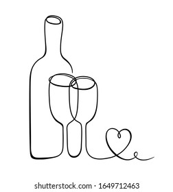 Vector illustration with wine bottle, wineglasses and heart in line art style. Hand drawn continuous line sketch isolated on white background. drawing. 
