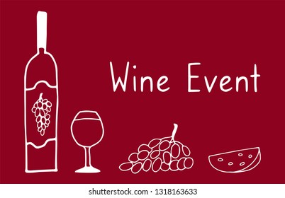 Vector illustration of Wine bottles, cheese and grapes. Hand drawn vector doodle pattern for red wine events, presentation with product tasting. Sketch drawing