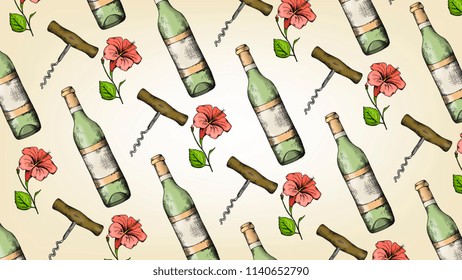 Vector Illustration of Wine Bottles with Corkscrew and Flowers Vintage Sketch Style Pattern