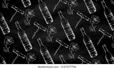 Vector Illustration of Wine Bottles with Corkscrew and Flowers Vintage Sketch Style Pattern