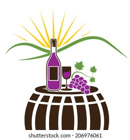 vector illustration of wine bottle,wineglass and grape on the background of mountains and sun 